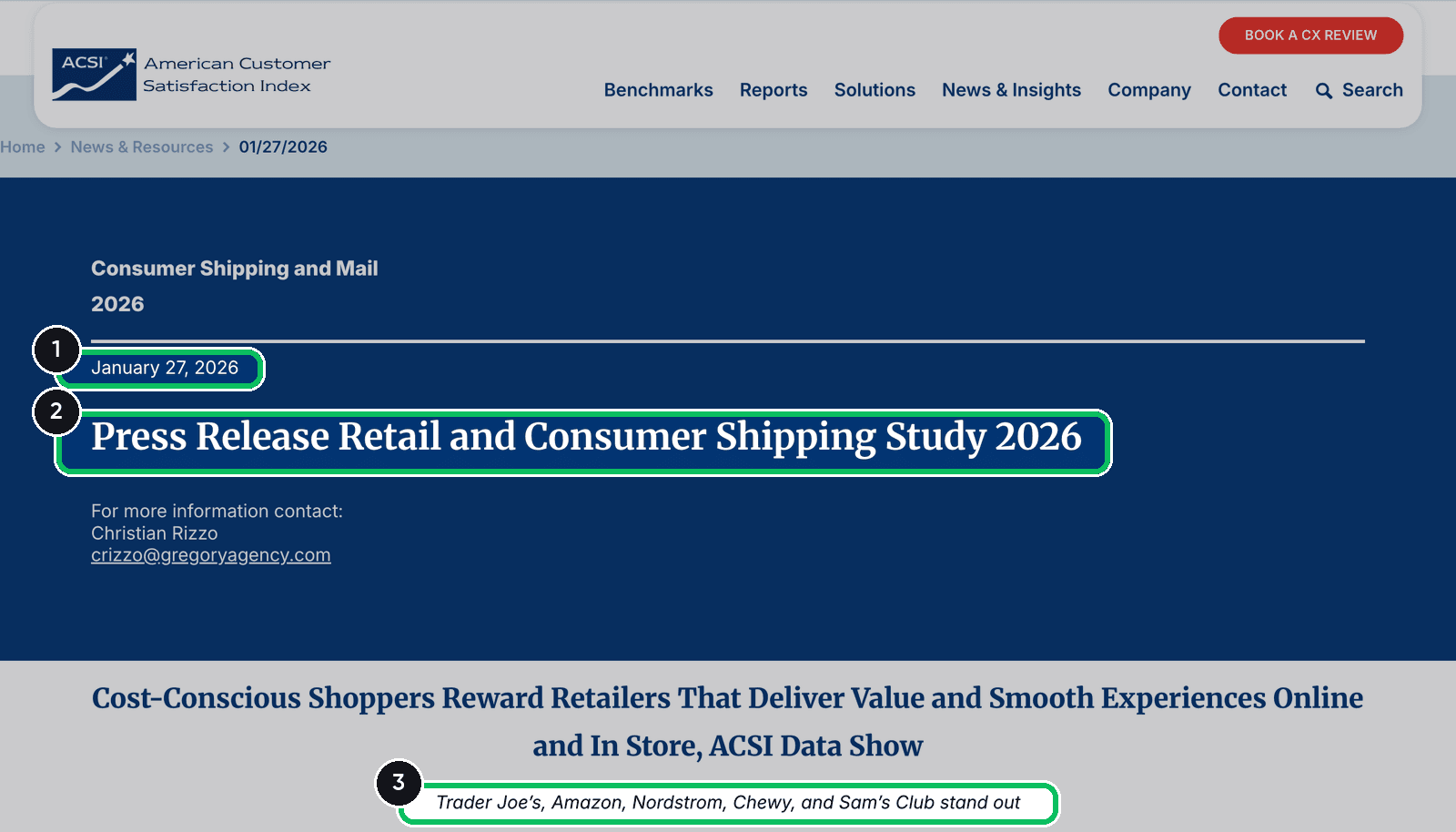 ACSI press release page for the Retail and Consumer Shipping Study 2026, dated January 27, 2026