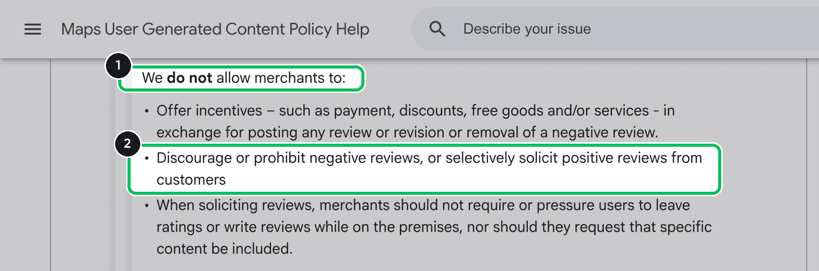 Google Maps user-generated content policy listing what merchants may not do, including selectively soliciting positive reviews