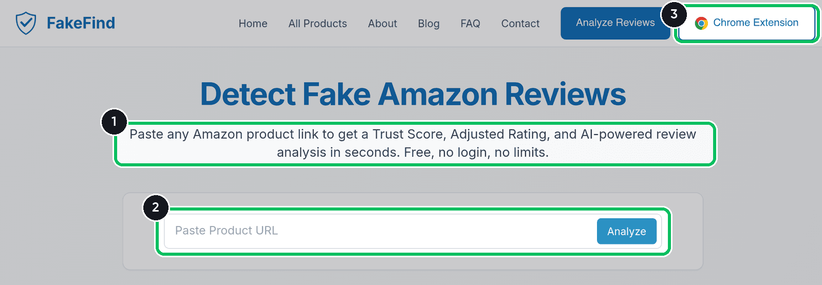 FakeFind home page with a Paste Product URL field, an Analyze button and a Chrome Extension link