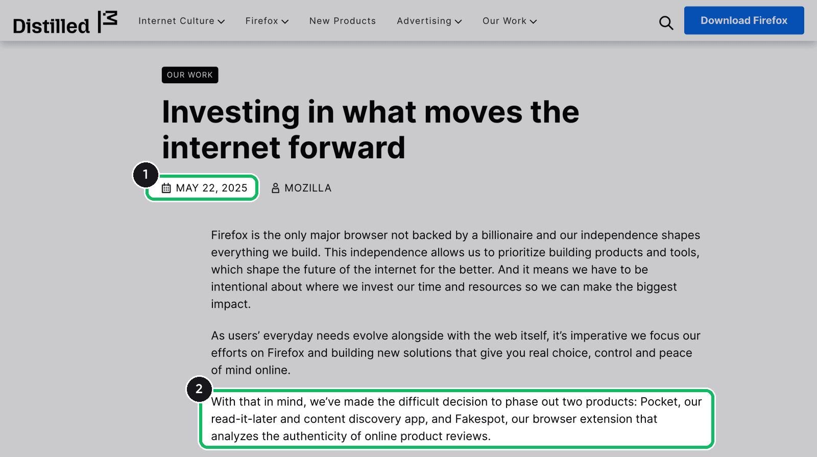 Mozilla blog post dated May 22, 2025 announcing the decision to phase out Pocket and Fakespot
