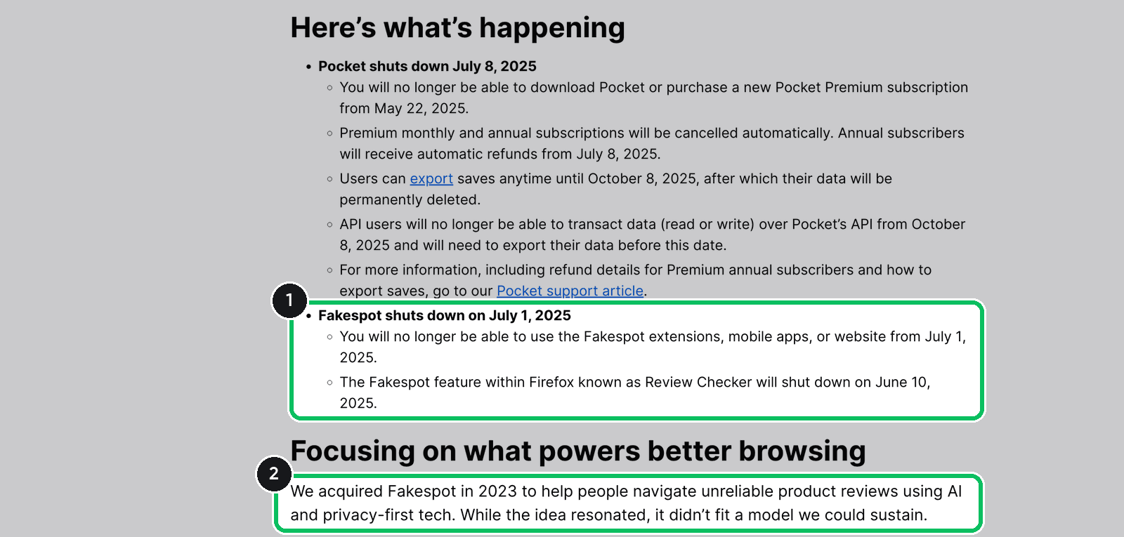 Section of the Mozilla post listing the Fakespot shutdown on July 1, 2025 and Review Checker on June 10, 2025