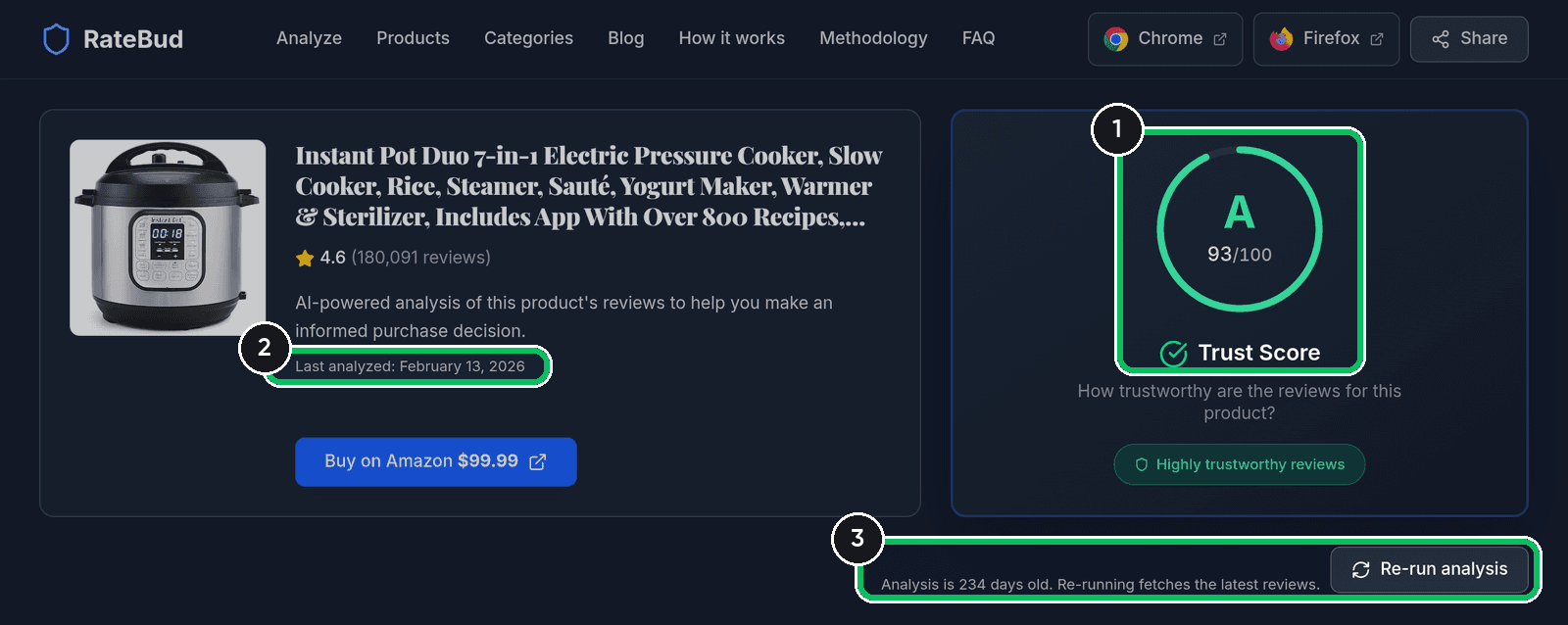 RateBud result showing grade A, 93 out of 100, last analyzed February 13, 2026, with a Re-run analysis button