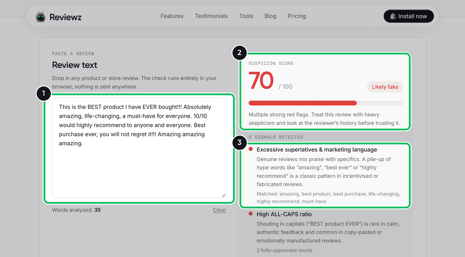 Reviewz fake review checker scoring a pasted review 70 out of 100, Likely fake, with 5 signals detected