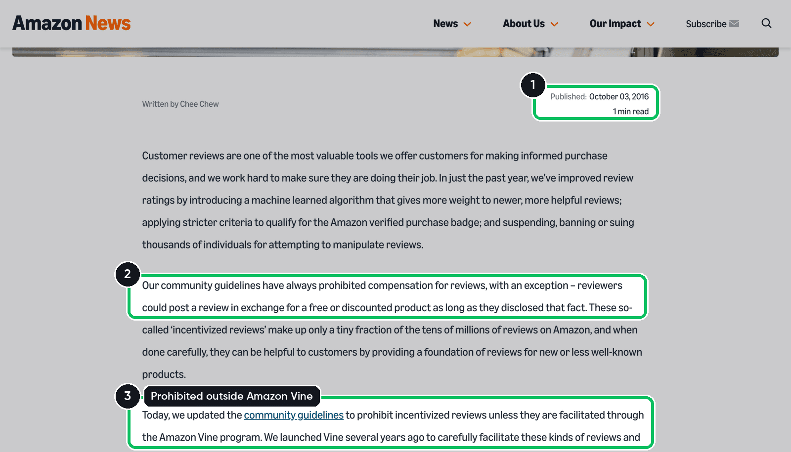 Amazon News post Update on customer reviews, published October 3, 2016, announcing that incentivized reviews are prohibited outside Amazon Vine