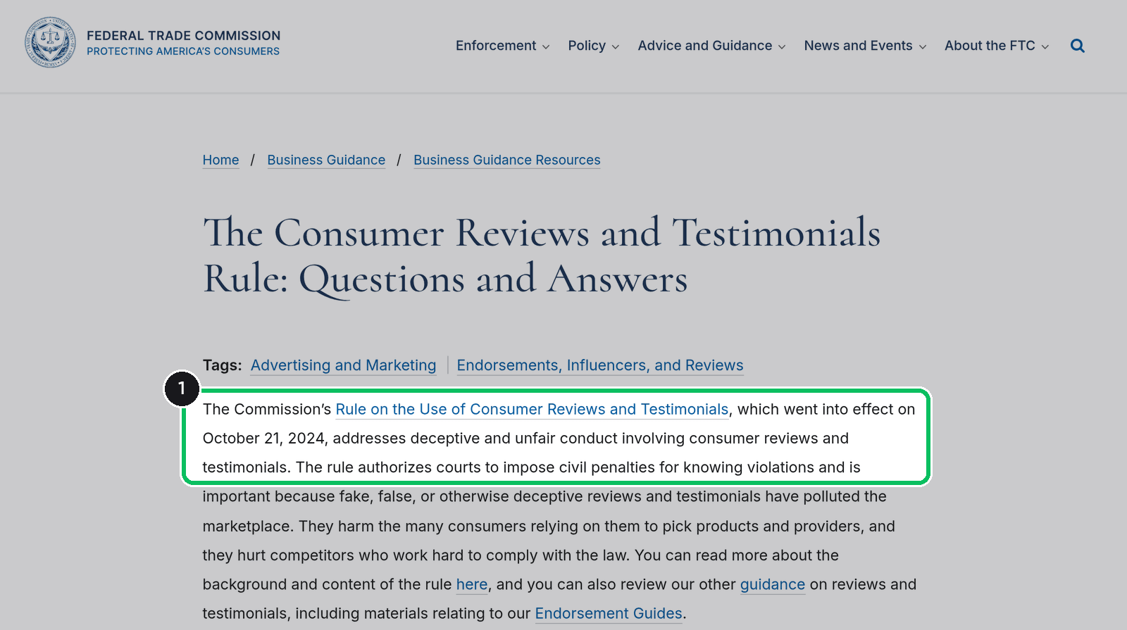 FTC questions and answers page on the Consumer Reviews and Testimonials Rule, with the effective date paragraph highlighted