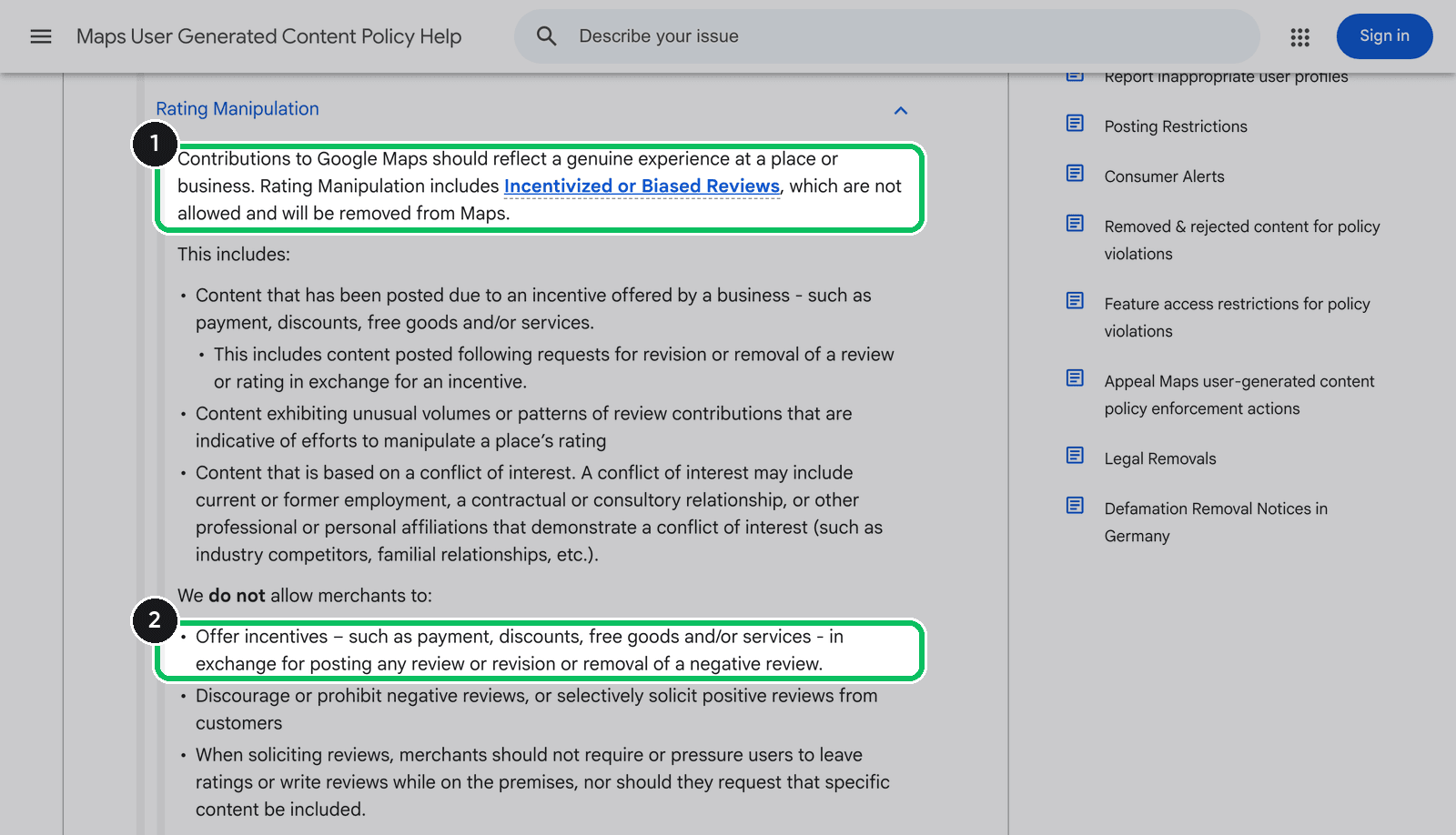 Google Maps user-generated content policy, Rating Manipulation section, with the ban on incentives for reviews highlighted