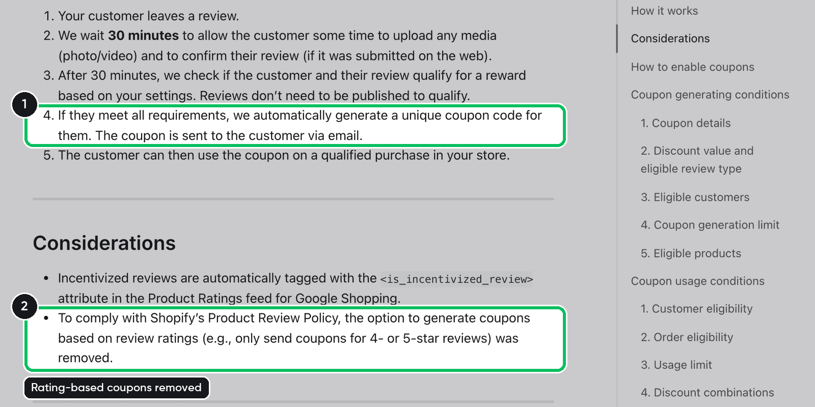 Judge.me help article on coupons for reviews, with the note that coupons based on review ratings were removed highlighted