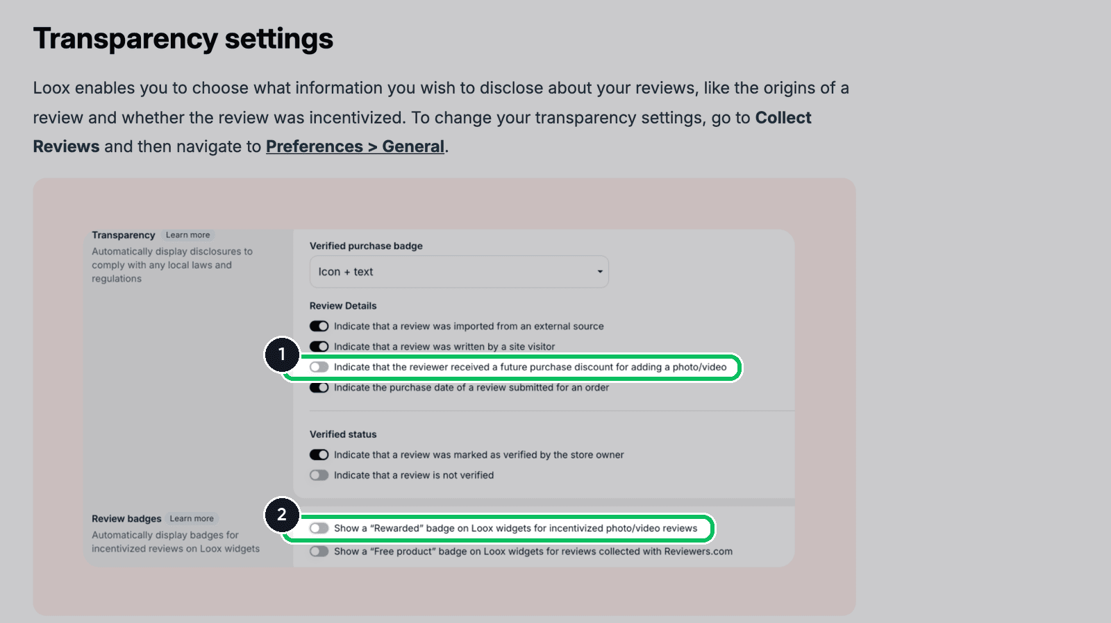 Loox Help Center screenshot of transparency settings, with the incentive disclosure toggle and the Rewarded badge toggle highlighted