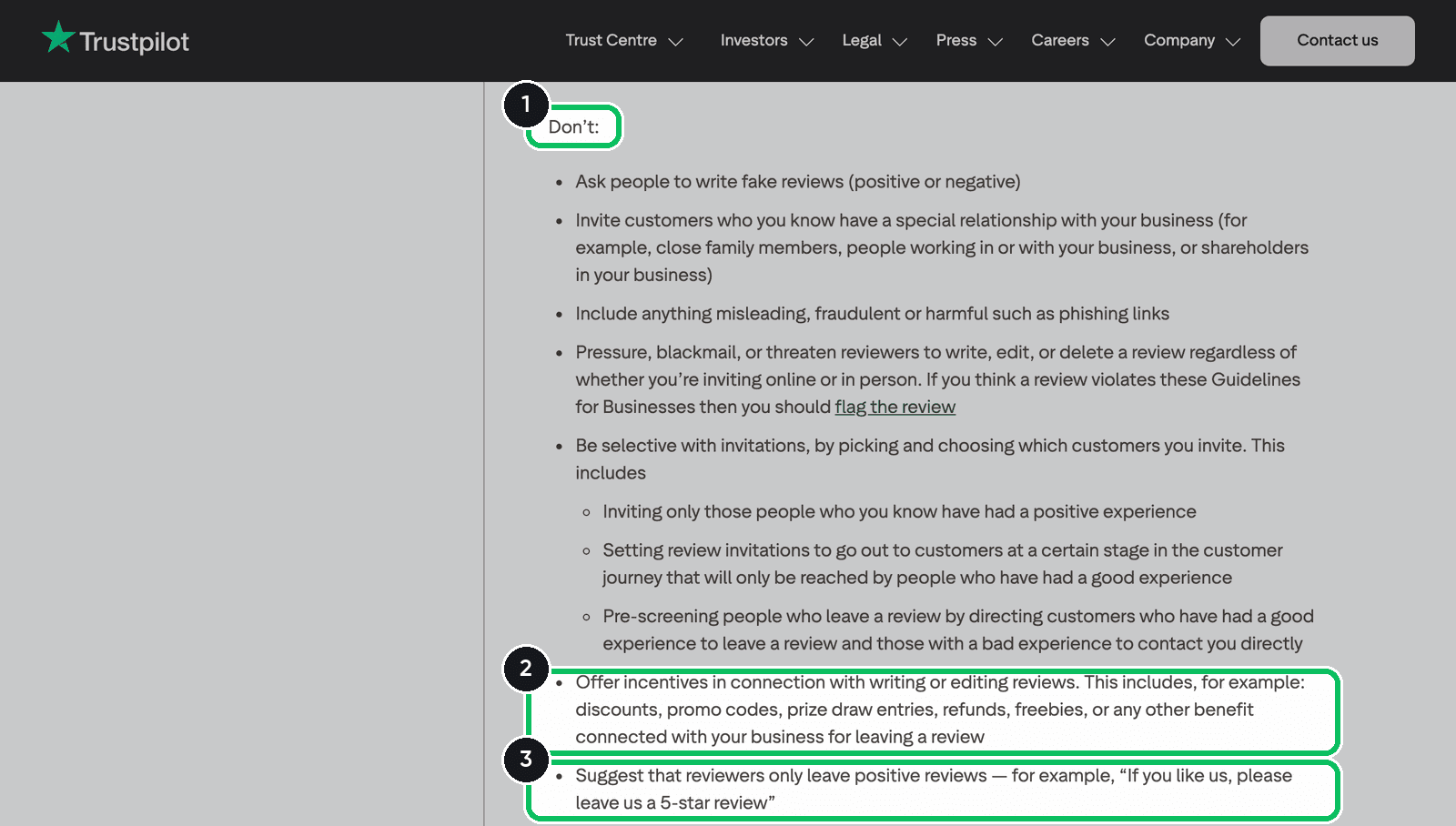 Trustpilot Guidelines for Businesses, list of don'ts, with the ban on incentives and on asking only for positive reviews highlighted