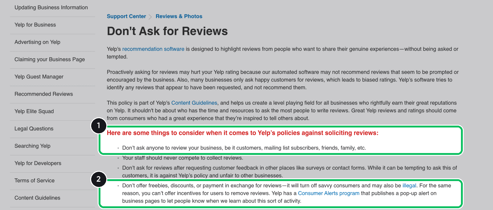 Yelp Support Center article Don't Ask for Reviews, with the rules against asking and against offering freebies or discounts highlighted