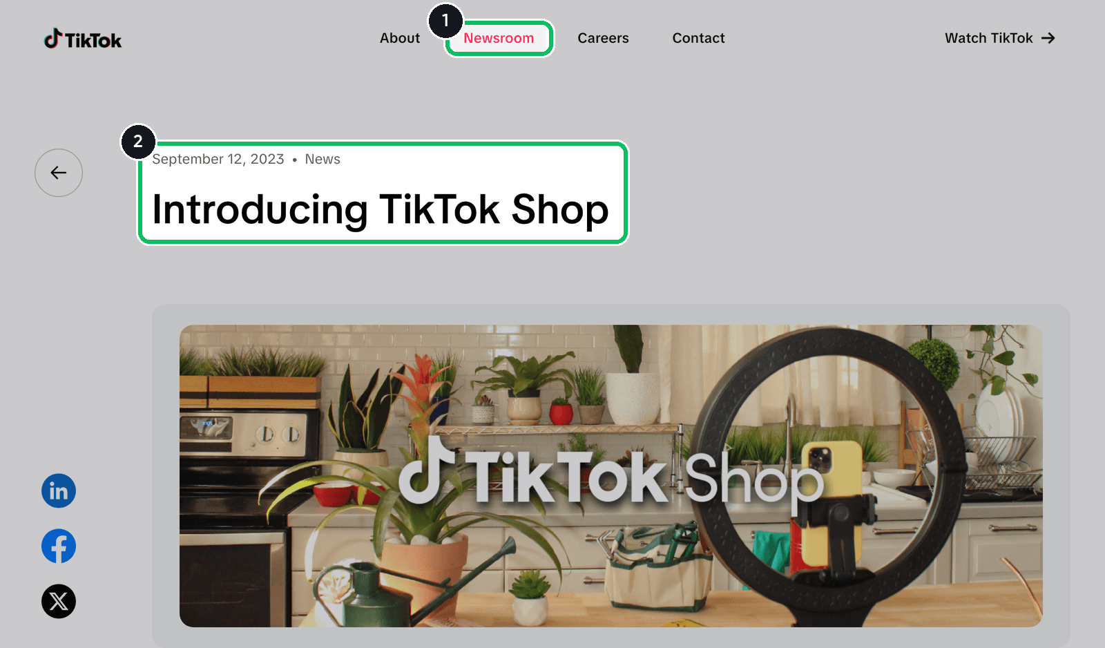 TikTok Newsroom post Introducing TikTok Shop dated September 12, 2023, announcing the US launch