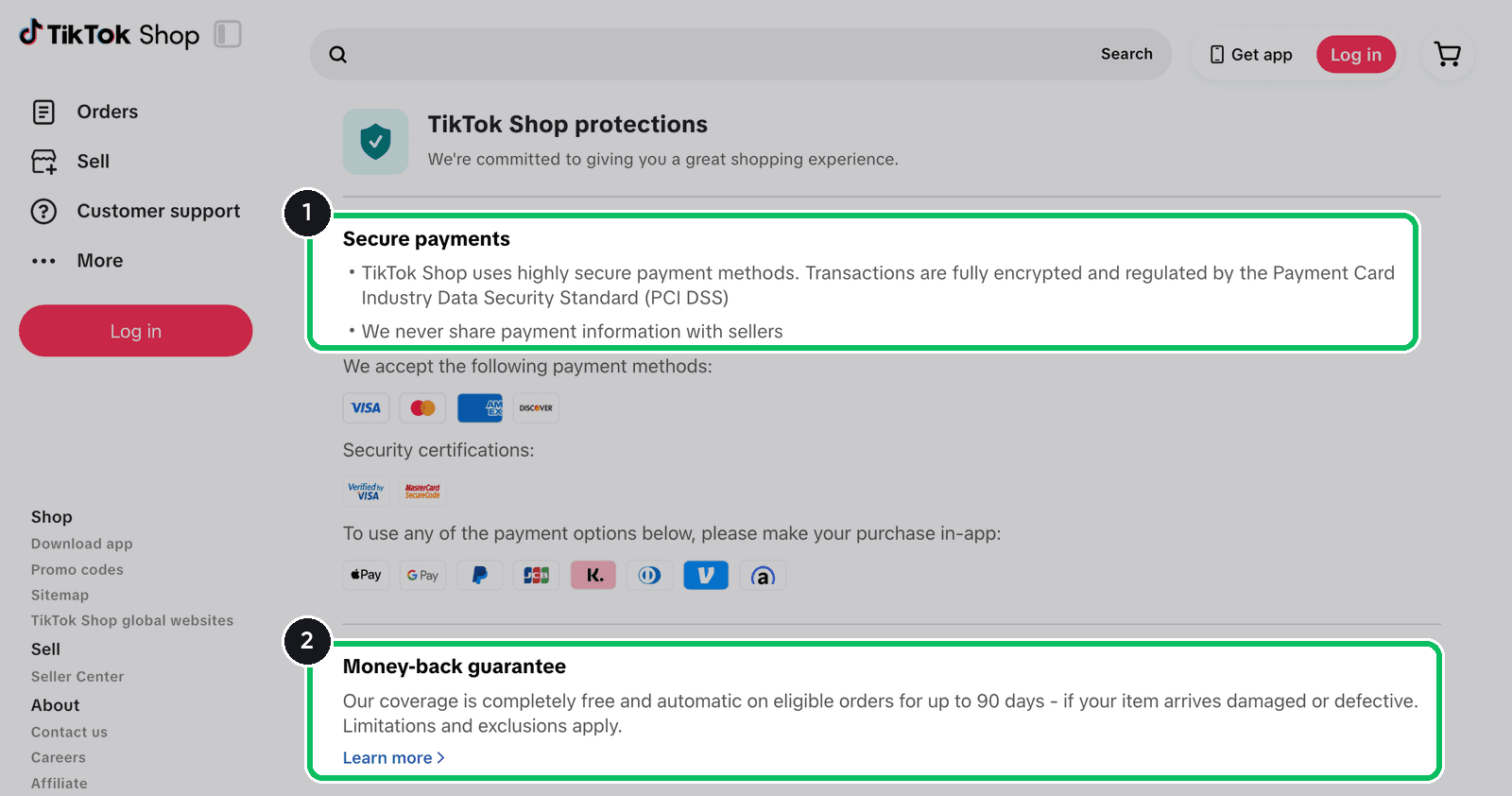 TikTok Shop protections page with the Secure payments and Money-back guarantee sections highlighted