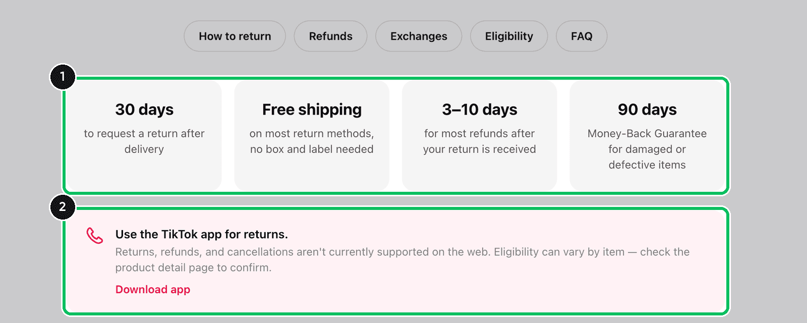 TikTok Shop return policy page: 30 days to return, free return shipping, 3 to 10 day refunds, 90 day guarantee