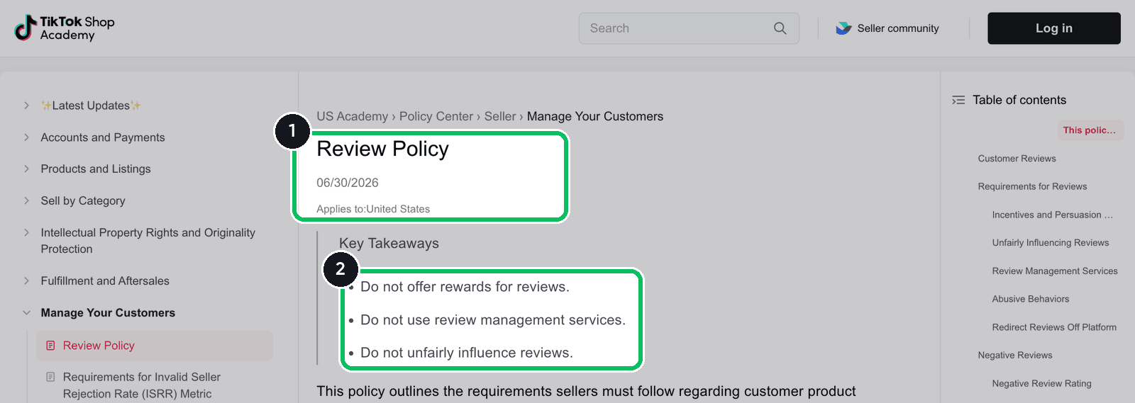 TikTok Shop Academy Review Policy dated 06/30/2026 with its three key takeaways for sellers