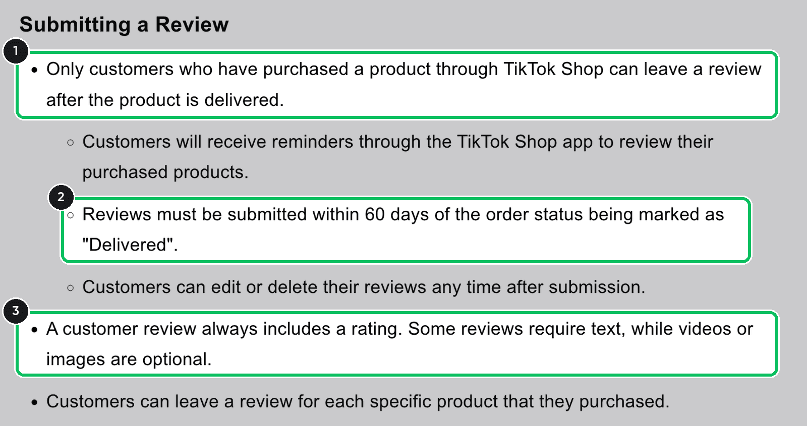 TikTok Shop Academy rules for submitting a review: buyers only, within 60 days of delivery, rating required