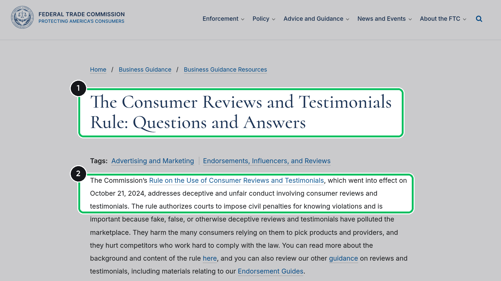 FTC page The Consumer Reviews and Testimonials Rule: Questions and Answers with its title and opening sentences highlighted