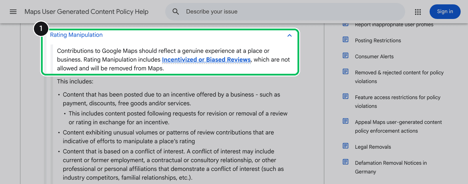 Google Maps user-generated content policy page with the Rating Manipulation paragraph about genuine experience highlighted