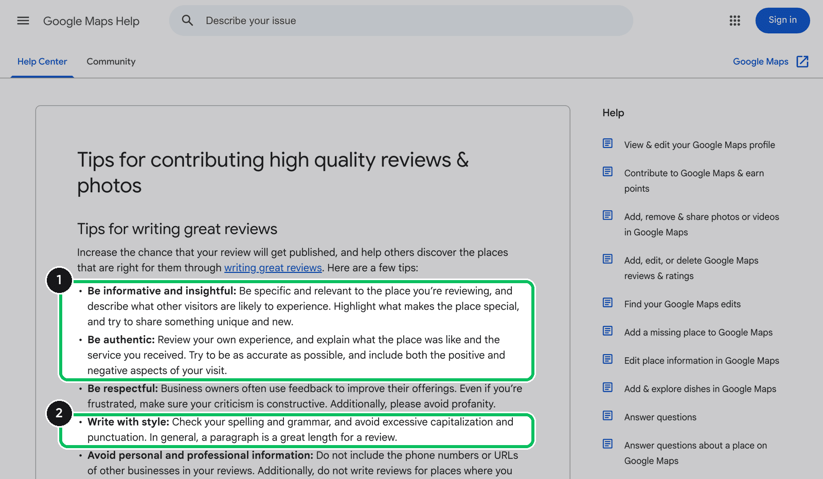 Google Maps Help page with the tips Be informative and insightful, Be authentic and Write with style highlighted