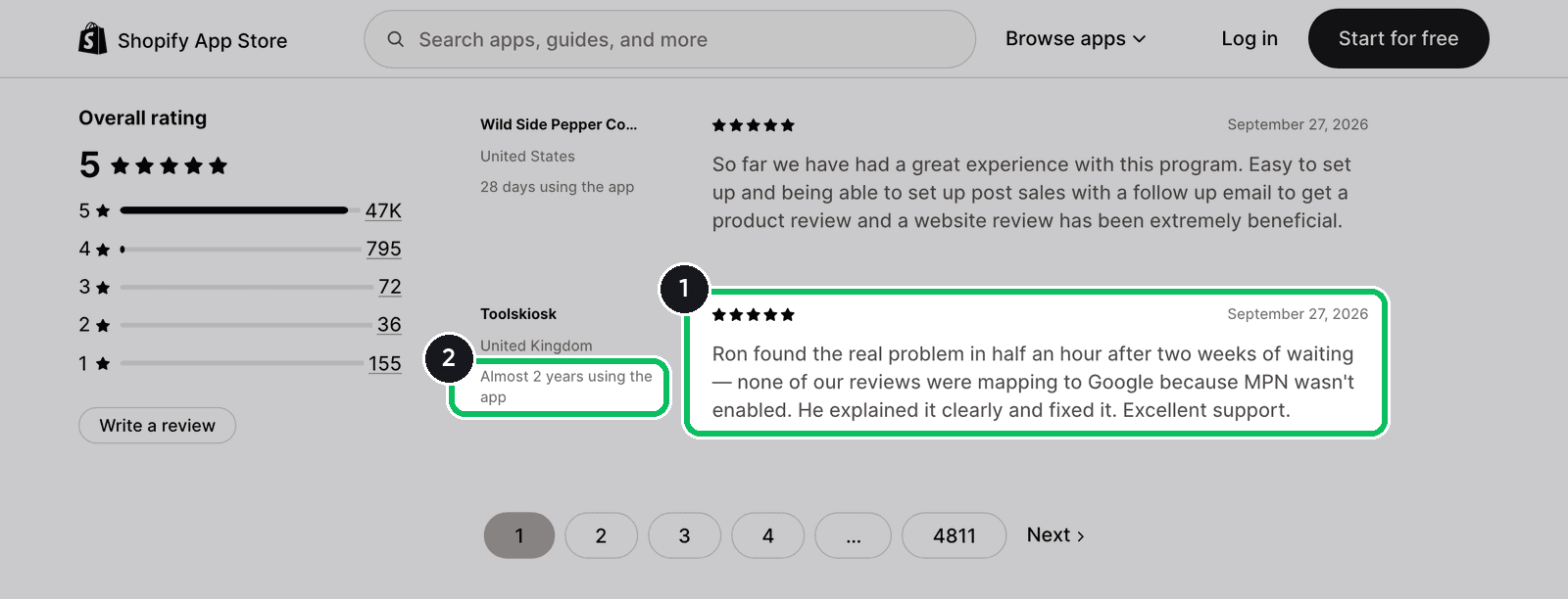 Shopify App Store review page with a five-star merchant review and its time using the app highlighted