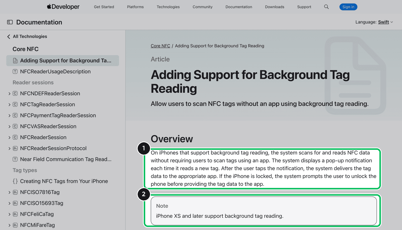 Apple Developer documentation page on background tag reading, with the notification behavior and the iPhone XS requirement highlighted