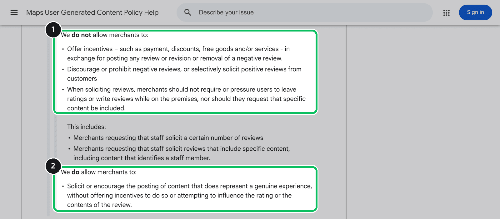 Google Maps user-generated content policy listing what merchants may not do and may do when asking for reviews