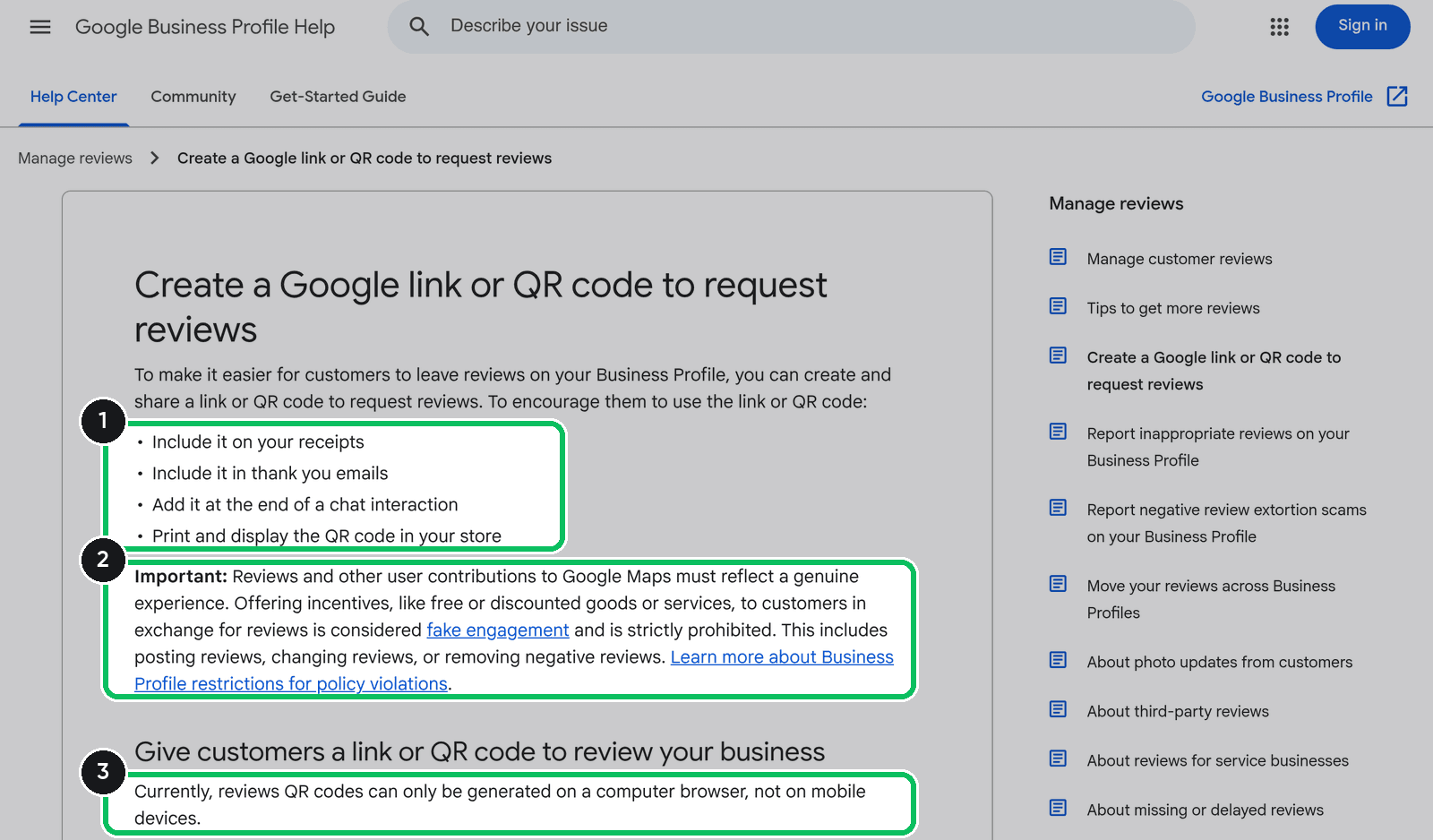Google Business Profile Help page on review links and QR codes, with the sharing list and the incentives warning highlighted