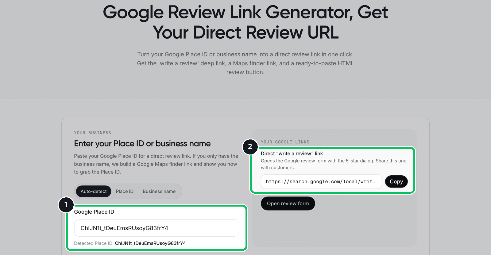 Reviewz Google Review Link Generator with a Place ID entered and the direct write a review link generated