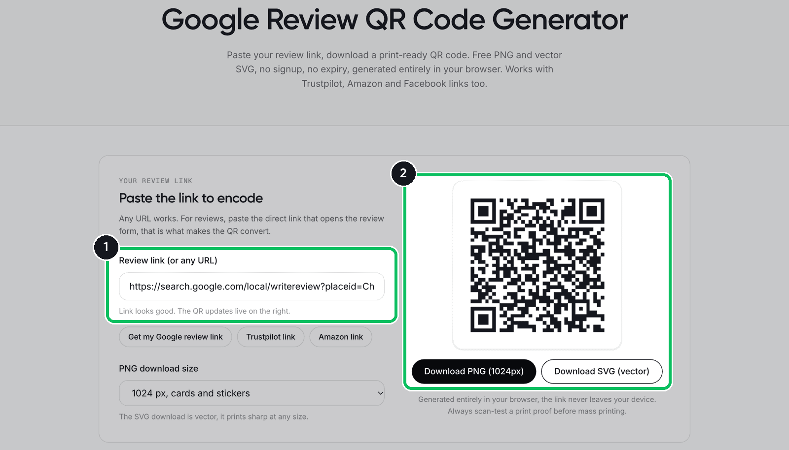 Reviewz QR Code Generator with a review link pasted and the QR code ready to download as PNG or SVG
