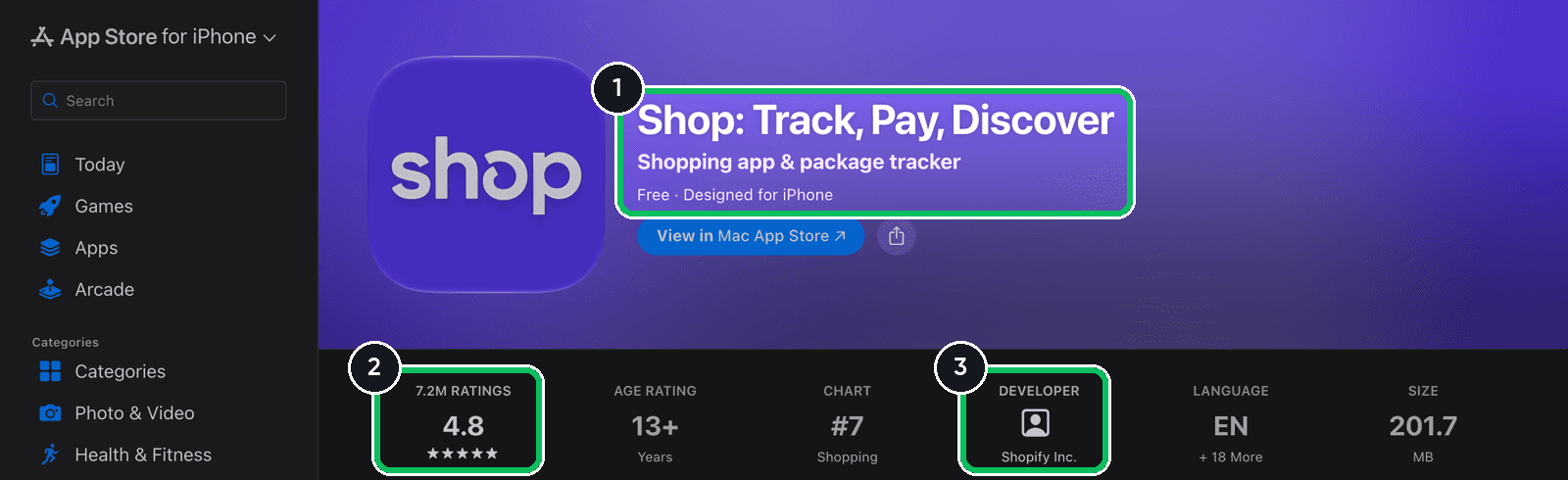 App Store page for Shop: Track, Pay, Discover showing Free, 4.8 from 7.2M ratings and developer Shopify Inc.