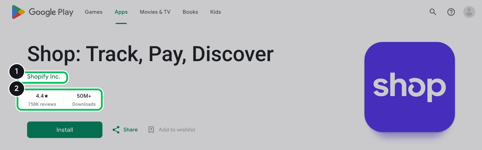 Google Play page for Shop: Track, Pay, Discover by Shopify Inc. showing 4.4 stars, 758K reviews and 50M+ downloads