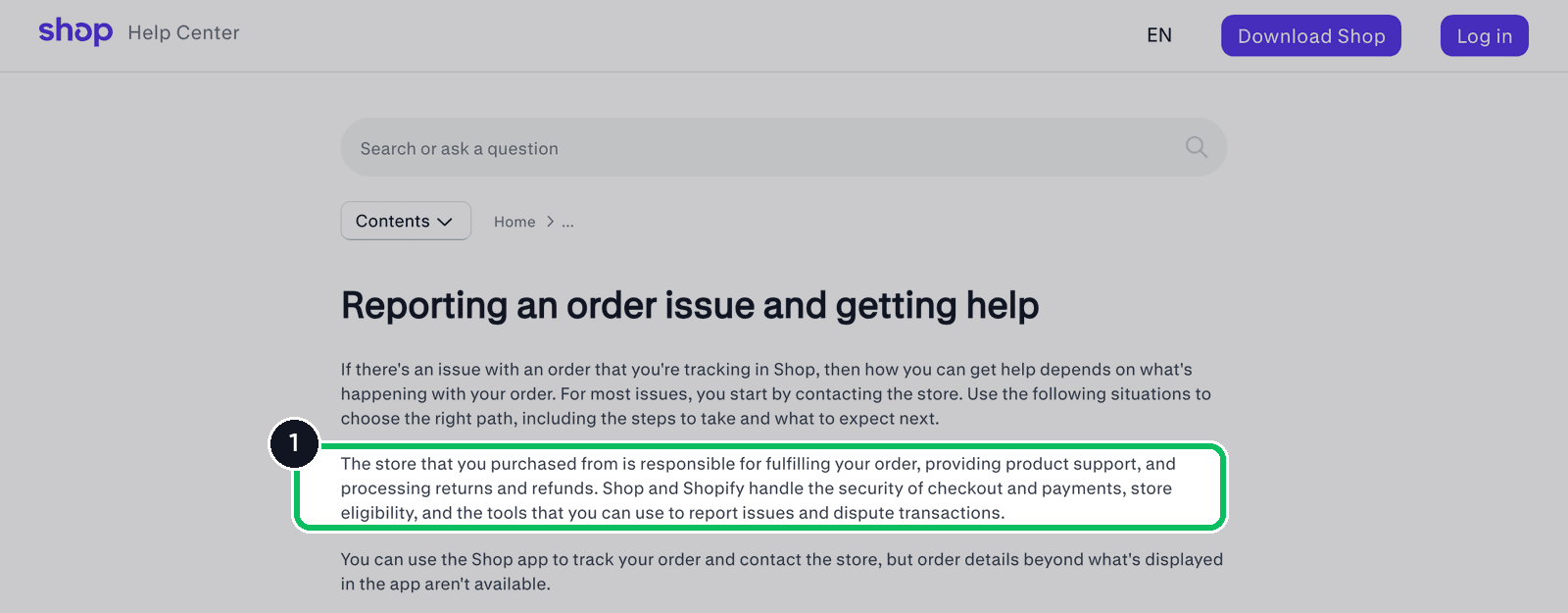 Shop Help Center article Reporting an order issue and getting help, with the paragraph on store and Shop responsibilities