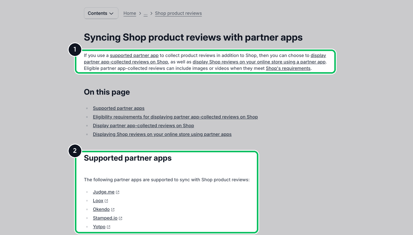 Shopify Help Center page on syncing Shop product reviews, listing Judge.me, Loox, Okendo, Stamped.io and Yotpo as supported partner apps