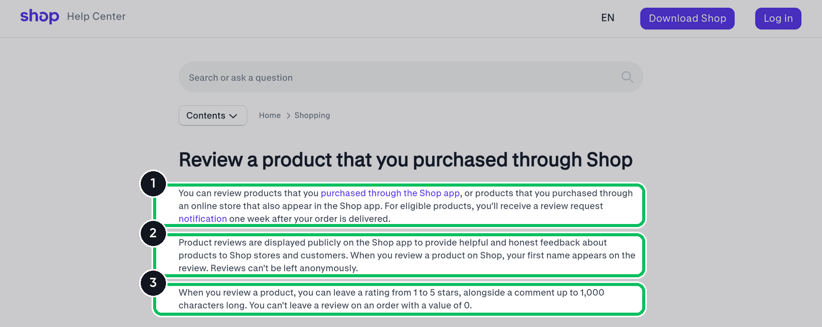 Shop Help Center article on reviewing a product purchased through Shop, with its three rules highlighted