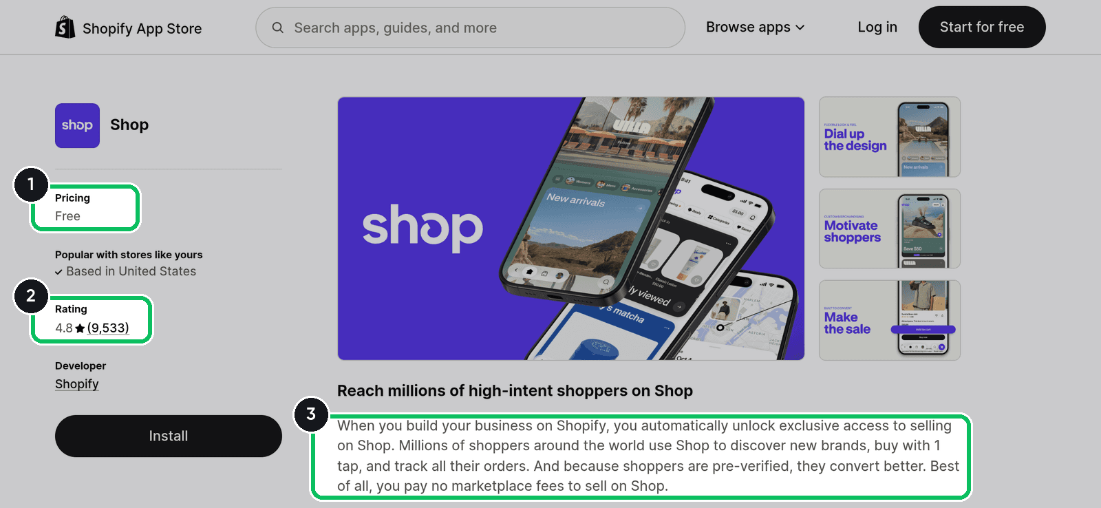 Shop sales channel listing on the Shopify App Store showing free pricing and a 4.8 rating from 9,533 reviews