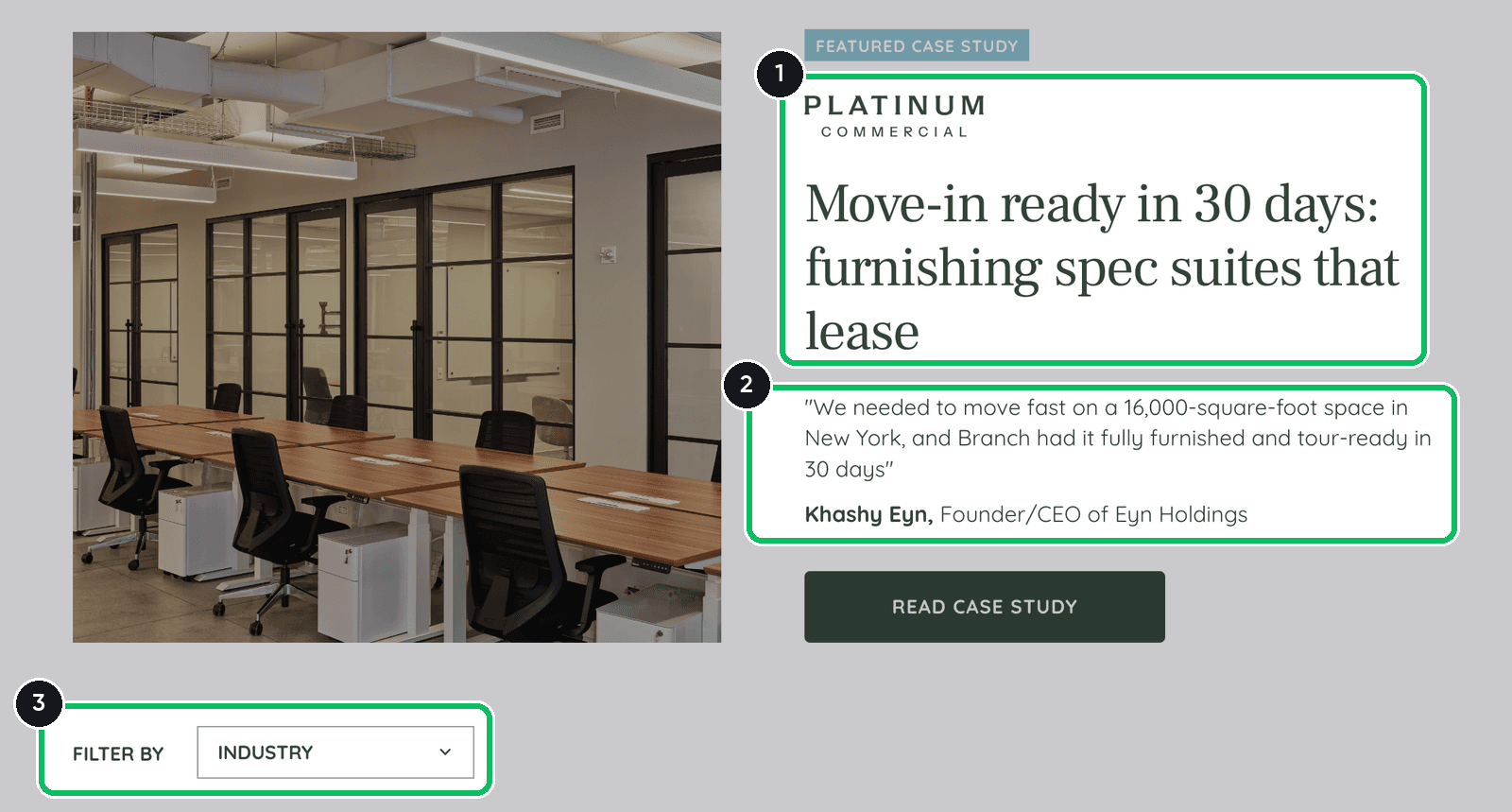 Branch case studies page with a featured case study headlined Move-in ready in 30 days and an industry filter