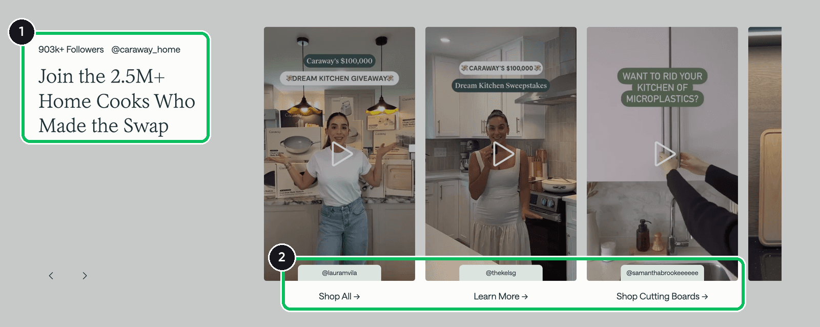 Caraway homepage carousel of vertical creator videos next to its follower count and a headline about 2.5M+ home cooks