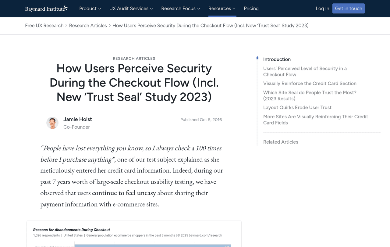 Baymard Institute research article on how users perceive security during the checkout flow, including its trust seal study