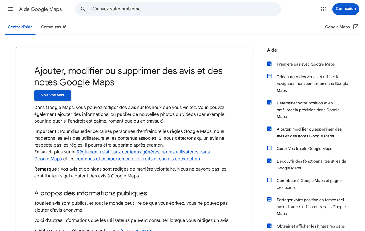 Page d'aide officielle Google Maps expliquant comment ajouter une note ou un avis sur un etablissement
