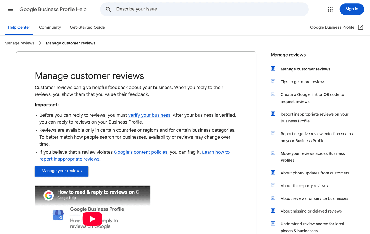 Google Business Profile Help page titled Manage customer reviews, explaining that replying to reviews shows customers you value their feedback