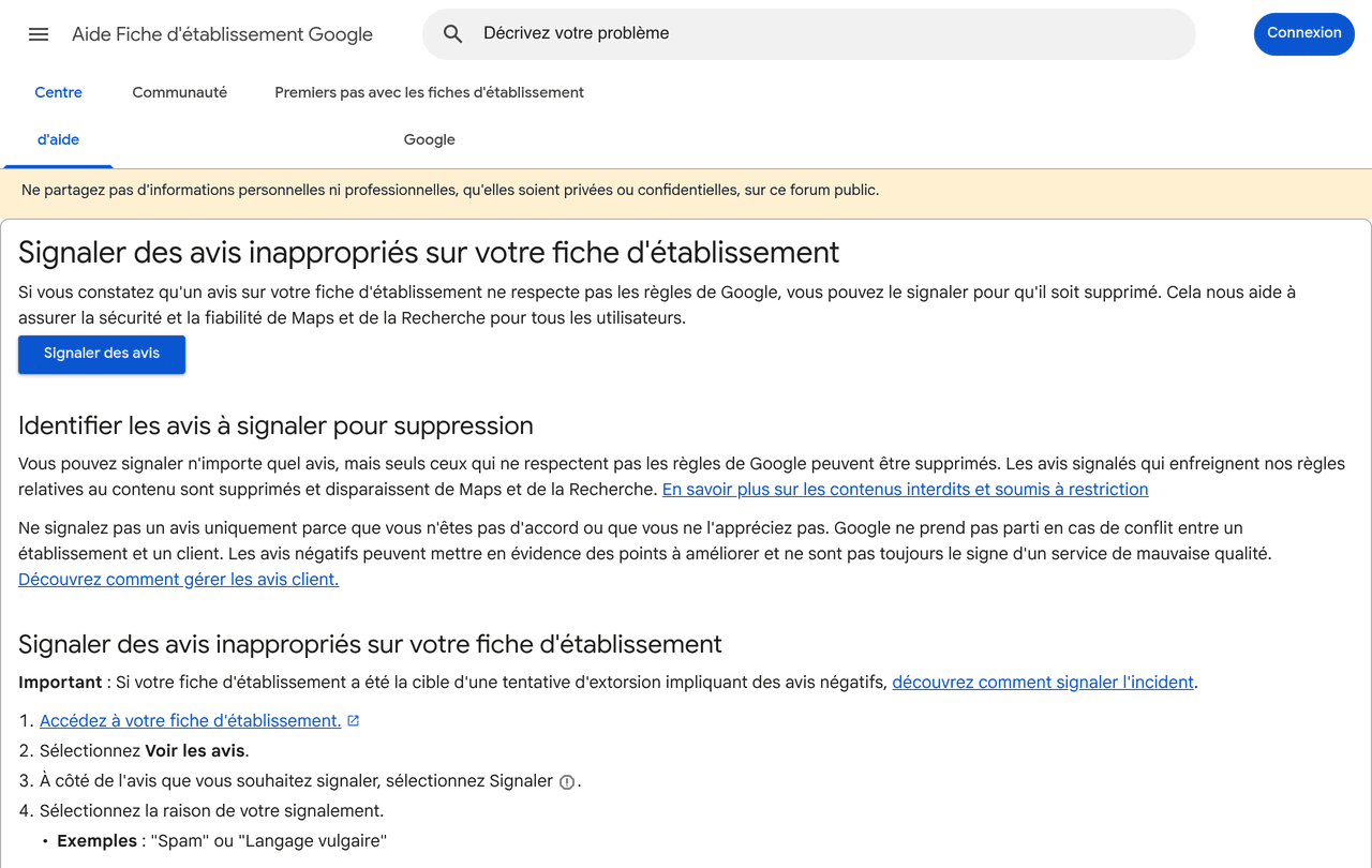 Page d'aide officielle Google en francais expliquant comment signaler des avis inappropries sur une fiche d'etablissement