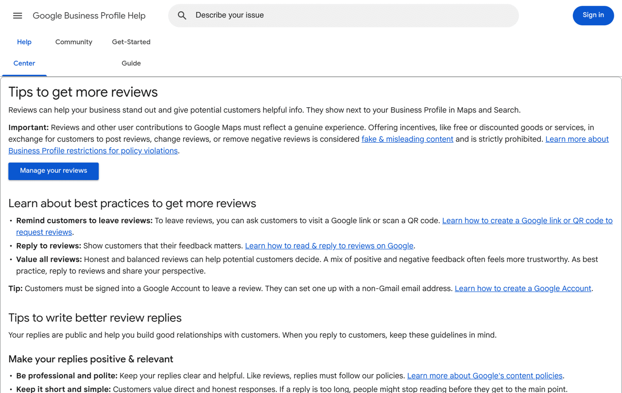 Google Business Profile Help page titled Tips to get more reviews, stating that offering incentives in exchange for reviews is strictly prohibited