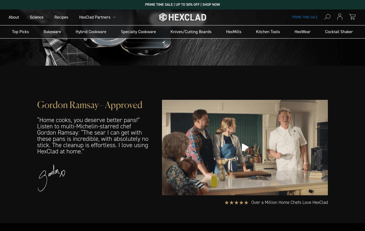 HexClad homepage section titled Gordon Ramsay-Approved, with a statement from the chef, his signature, a video and the line Over a Million Home Chefs Love HexClad
