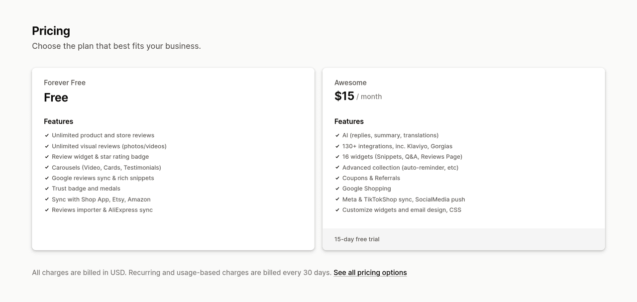 Judge.me pricing section on the Shopify App Store showing the Forever Free plan and the Awesome plan at 15 dollars per month