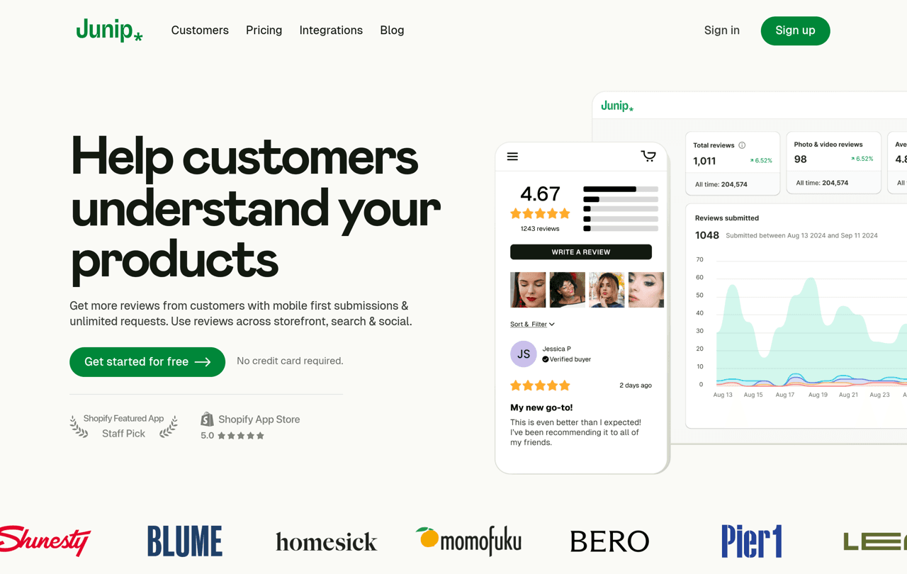 Junip homepage with the headline Help customers understand your products, a mobile review widget and a reviews analytics dashboard