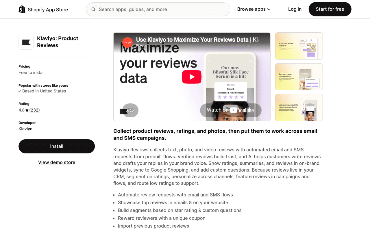 Klaviyo Product Reviews listing on the Shopify App Store, mentioning custom questions and segments based on star rating and custom questions