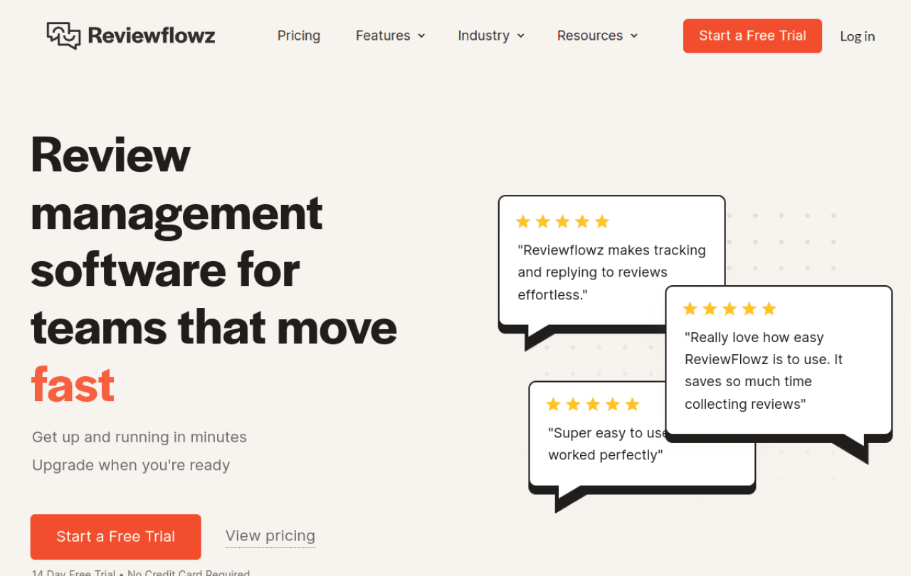 Reviewflowz review-monitoring homepage showing multi-platform aggregation and Slack alerts for new reviews