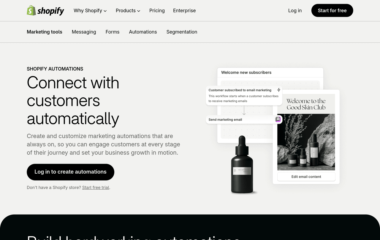 Shopify Automations page showing a workflow that starts when a customer subscribes to email marketing and then sends a marketing email