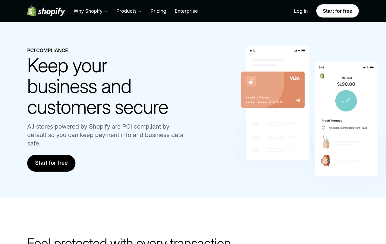 Shopify PCI compliance page stating that all stores powered by Shopify are PCI compliant by default
