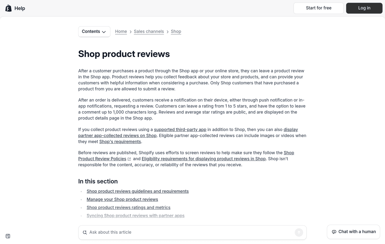 Shopify Help Center page about Shop product reviews, explaining that customers get a review request after delivery and can leave a 1 to 5 star rating
