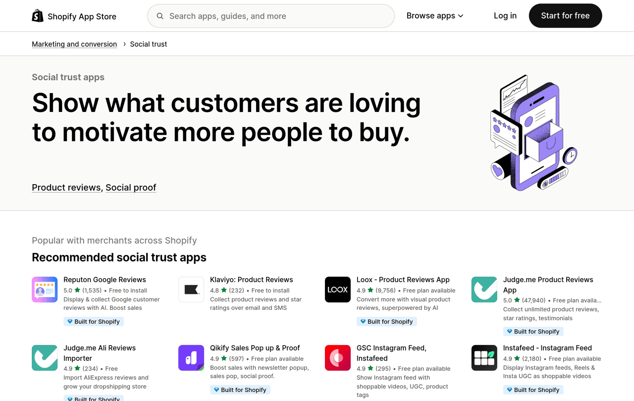 Shopify App Store social trust category page listing review and social proof apps, each with a star rating, a review count and a Built for Shopify badge